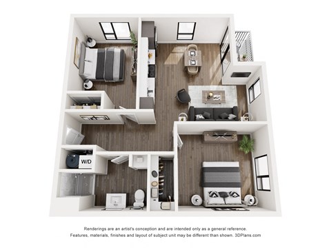 Floor plan for 2 beds, 1 bath, 838 sqft
